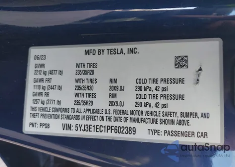 2023 Tesla Model 3 Performance Dual Motor All-Wheel Drive z USA, uszkodzony, nr VIN 5YJ3E1EC1PF602389